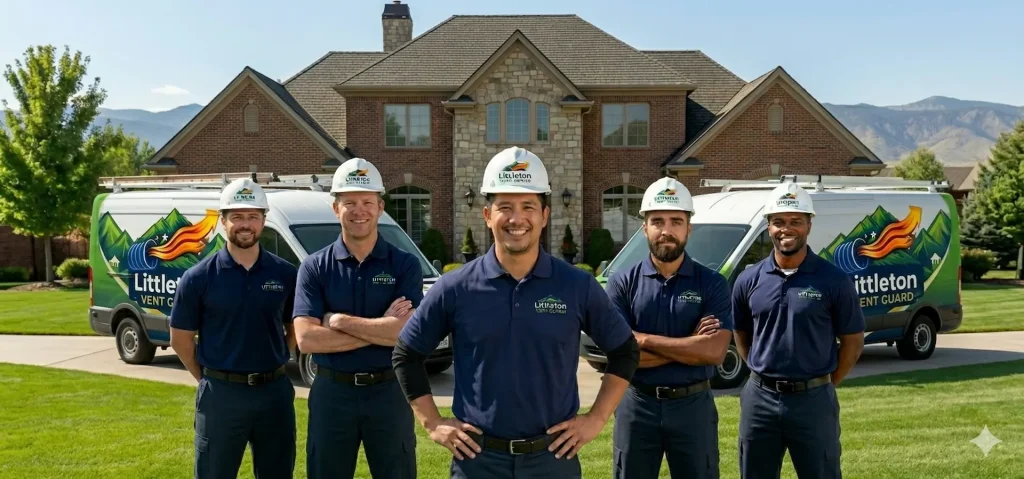 Professional team of Littleton Vent Guard technicians standing with branded service vans in front of a residential home in Littleton, CO.