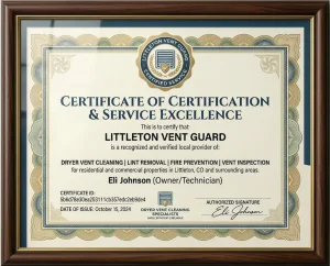 Official Hotfrog verification certificate for Littleton Vent Guard, professional dryer vent cleaning and fire prevention specialist in Littleton, CO.