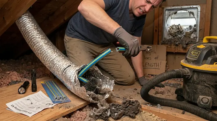 A frustrated homeowner showing a broken cheap DIY dryer vent cleaning kit rod stuck inside a flexible metal foil duct.