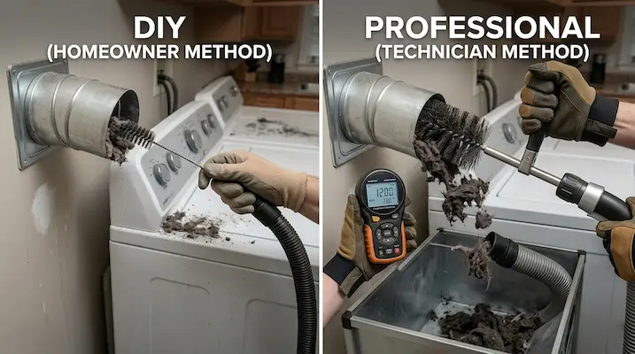 Side-by-side comparison of DIY vs professional dryer vent cleaning showing a homeowner method with a basic brush versus a technician method using a commercial rotary brush, HEPA vacuum, and digital anemometer airflow tester.