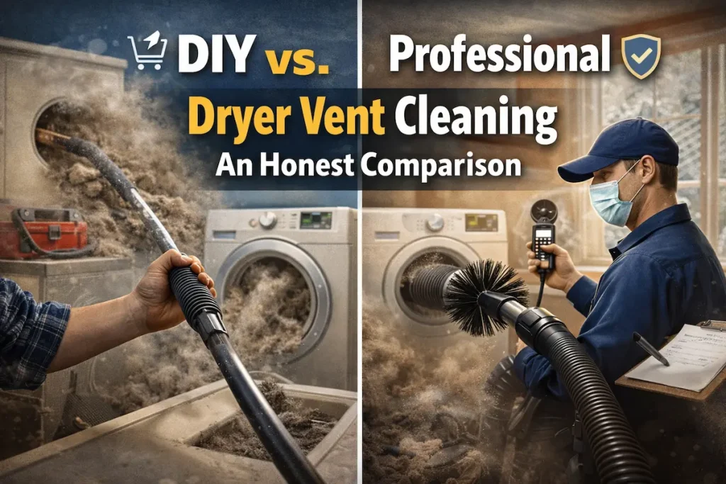 A side-by-side comparison graphics with text overlay showing a messy DIY dryer vent cleaning attempt on the left and a professional technician with advanced tools and diagnostics on the right.