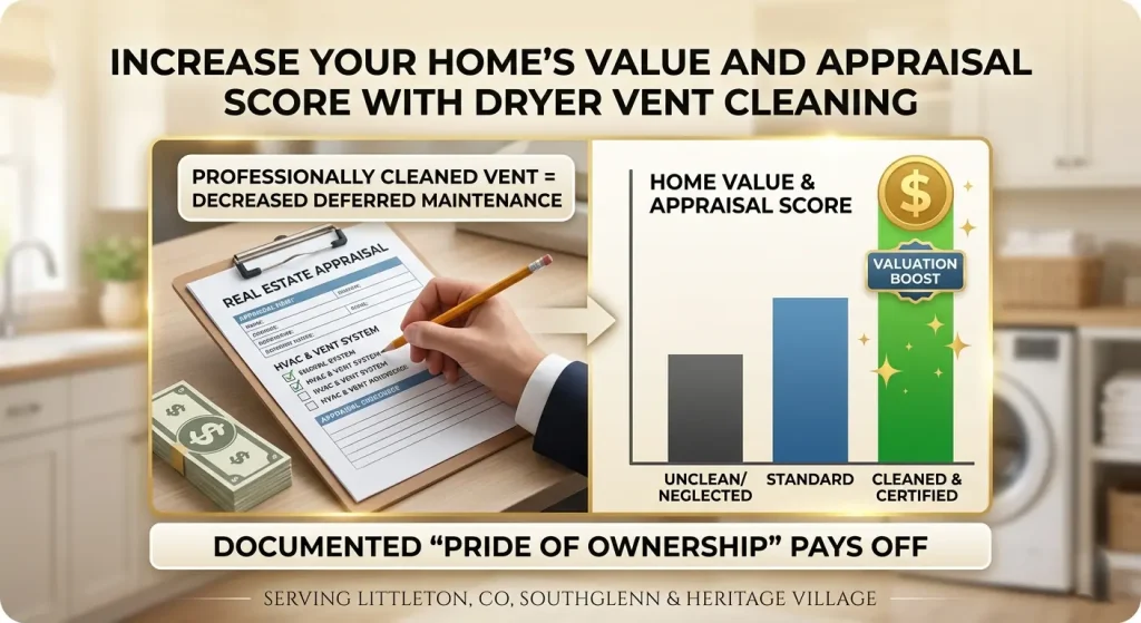 Infographic showing how professional dryer vent cleaning increases home appraisal scores and property value in Heritage Village and Littleton, CO, featuring a real estate appraisal checklist.
