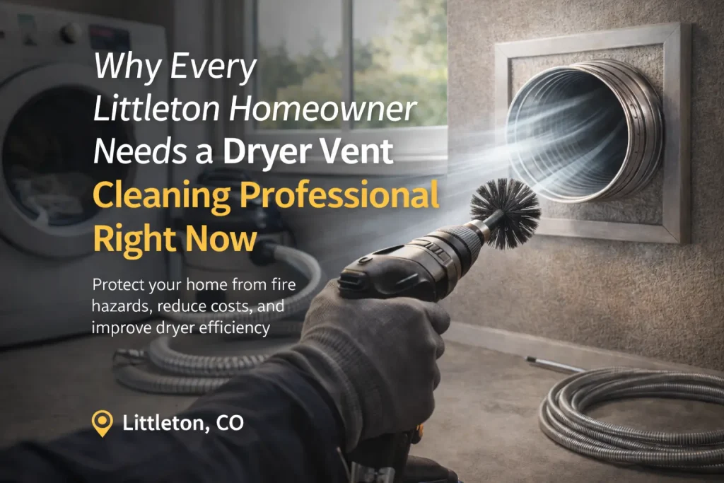 Professional dryer vent cleaning in Littleton CO with technician using rotary brush tool to improve airflow and fire safety