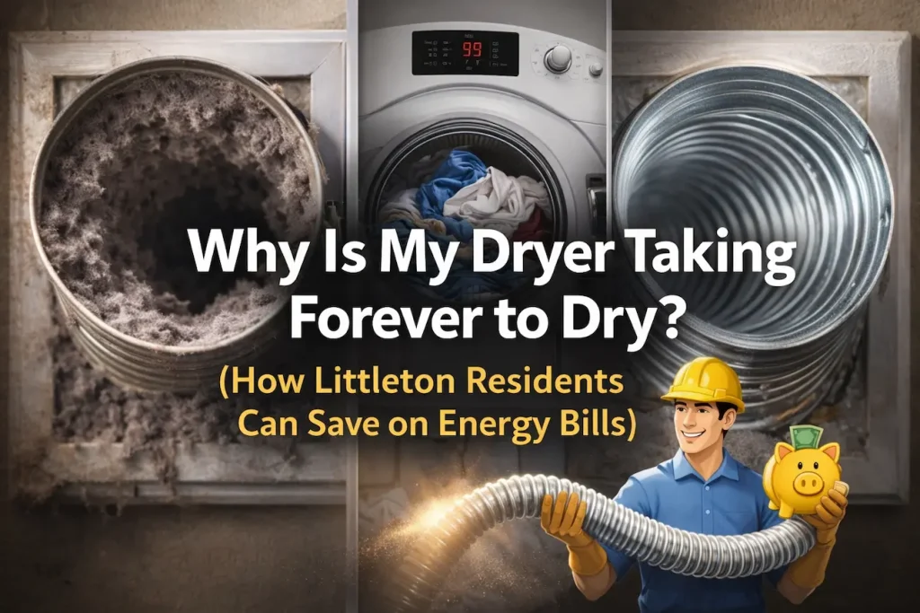 Split-screen image of clogged dryer vent with lint buildup vs clean metal vent showing why dryers take longer to dry clothes and waste energy