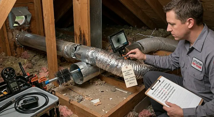 A professional technician inspects non-compliant foil materials and damaged ductwork to show what a complete professional service should also flag.
