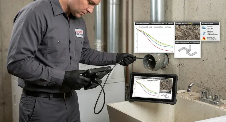 A professional technician assessing complex ventilation factors to determine how often should you clean your dryer vent based on household volume and pet hair.