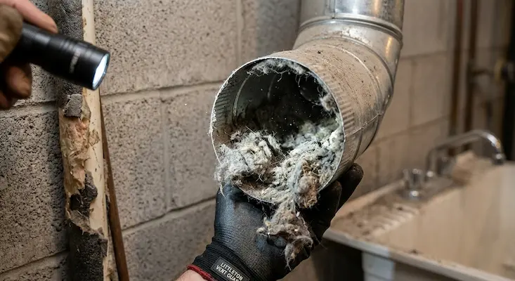 A professional technician inspecting a heavily clogged metal pipe to determine how often should you clean your dryer vent to prevent fire hazards.