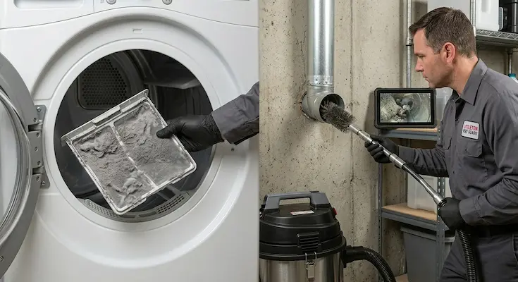A side-by-side comparison showing routine lint trap cleaning versus professional duct cleaning to understand how often should you clean your dryer vent.