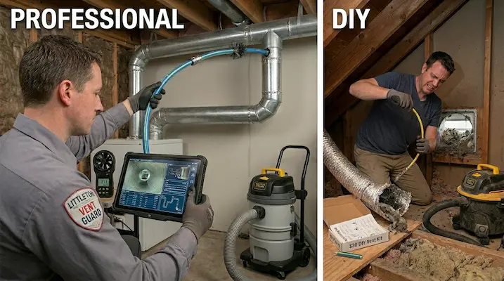 A side-by-side comparison with labels showing a professional technician using advanced tools versus a homeowner struggling with a broken DIY kit.