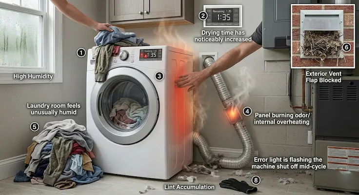 An infographic showing common warning signs indicating how often should you clean your dryer vent, including damp clothes, high humidity, and lint accumulation.