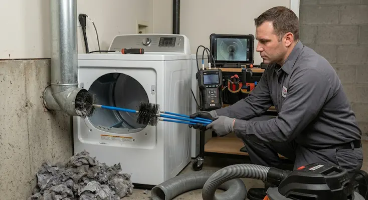 A professional technician demonstrating what does a professional dryer vent cleaning actually include by using rotary brushes and diagnostic equipment to clear a duct.