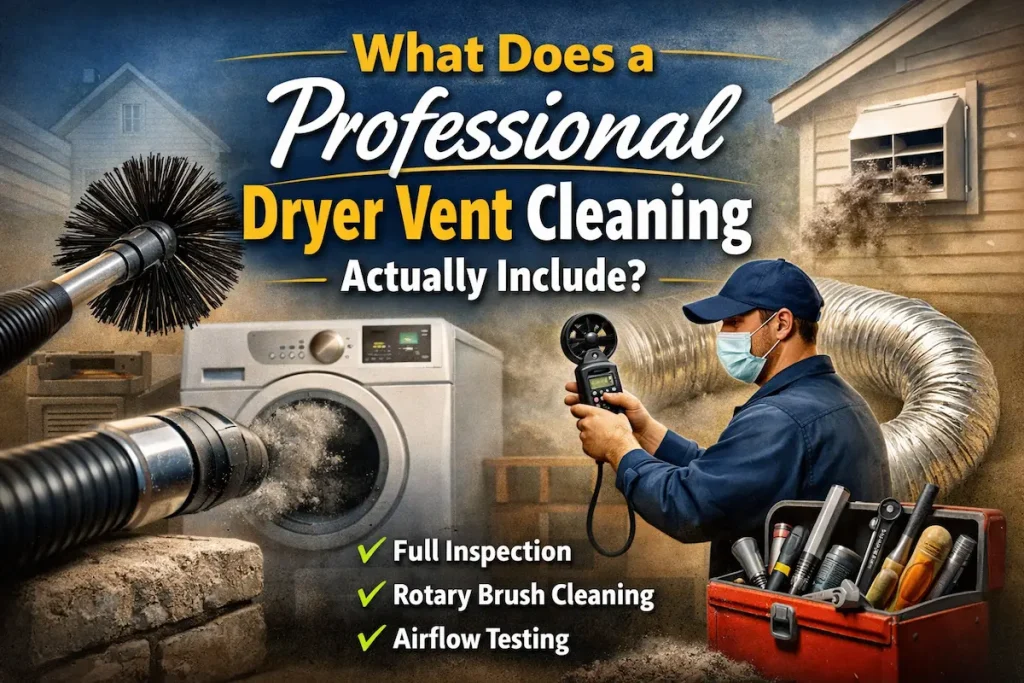 Professional dryer vent cleaning service in Littleton CO showing full vent inspection, rotary brush cleaning, airflow testing, and clean dryer duct system.
