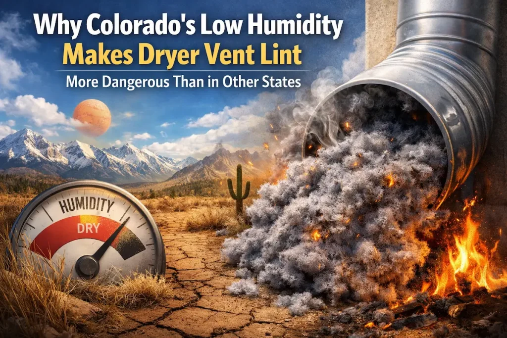 Surreal desert landscape with a large humidity gauge showing "DRY," a huge pile of dry, flammable dryer vent lint pouring from a pipe and starting a fire, with Colorado snow-capped mountains in the background.