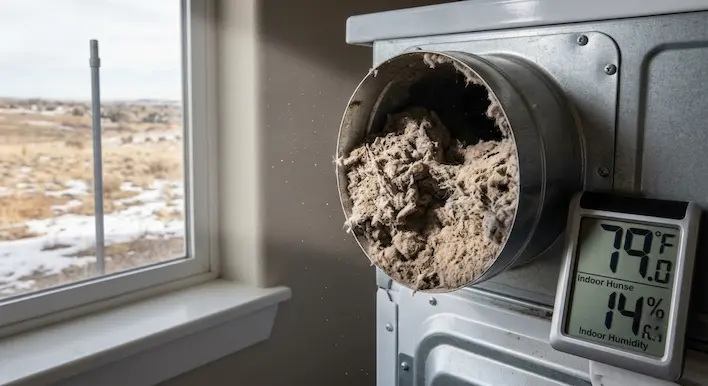 A dryer vent filled with dry, brittle lint in a Littleton home showing 14% indoor humidity on a hygrometer.
