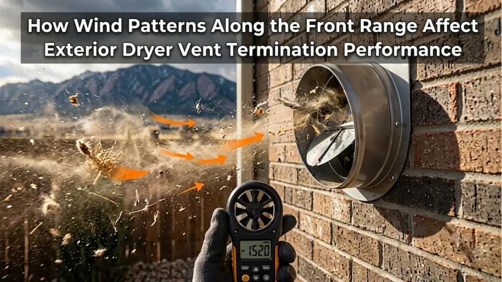Professional inspection of dryer vent termination under high wind pressure in Front Range