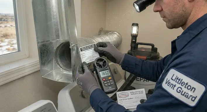 A Littleton Vent Guard technician using an anemometer to verify safe airflow velocity after a professional dryer vent cleaning.