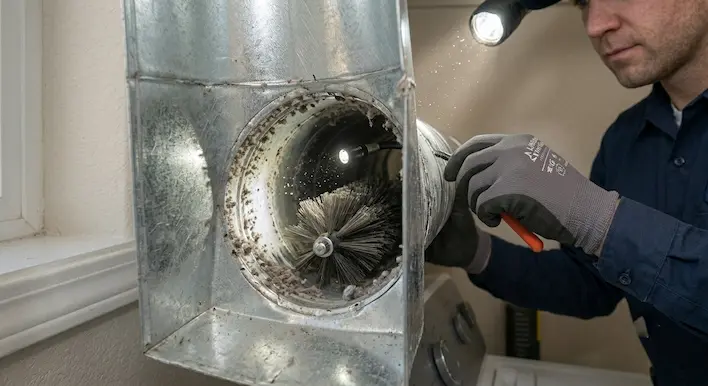 A Littleton Vent Guard technician using a rotary brush and inspection light to remove static-charged lint from inside a metal dryer duct.