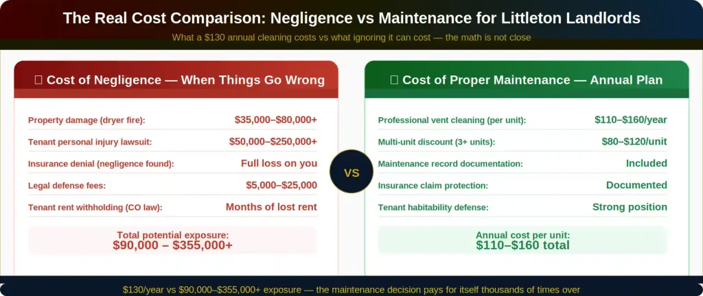 Cost comparison chart showing dryer vent cleaning fee versus tenant liability claim costs in Colorado