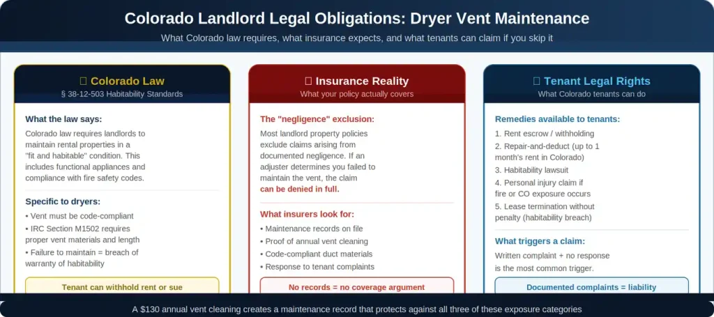 Chart showing Colorado landlord legal obligations for dryer vent maintenance in rental units